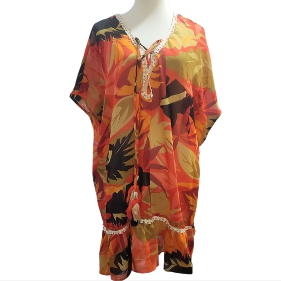 Summer Destiny plus size Vibrant Leaf Print Kaftan swimsuit coverup swim 1x - Picture 1 of 6